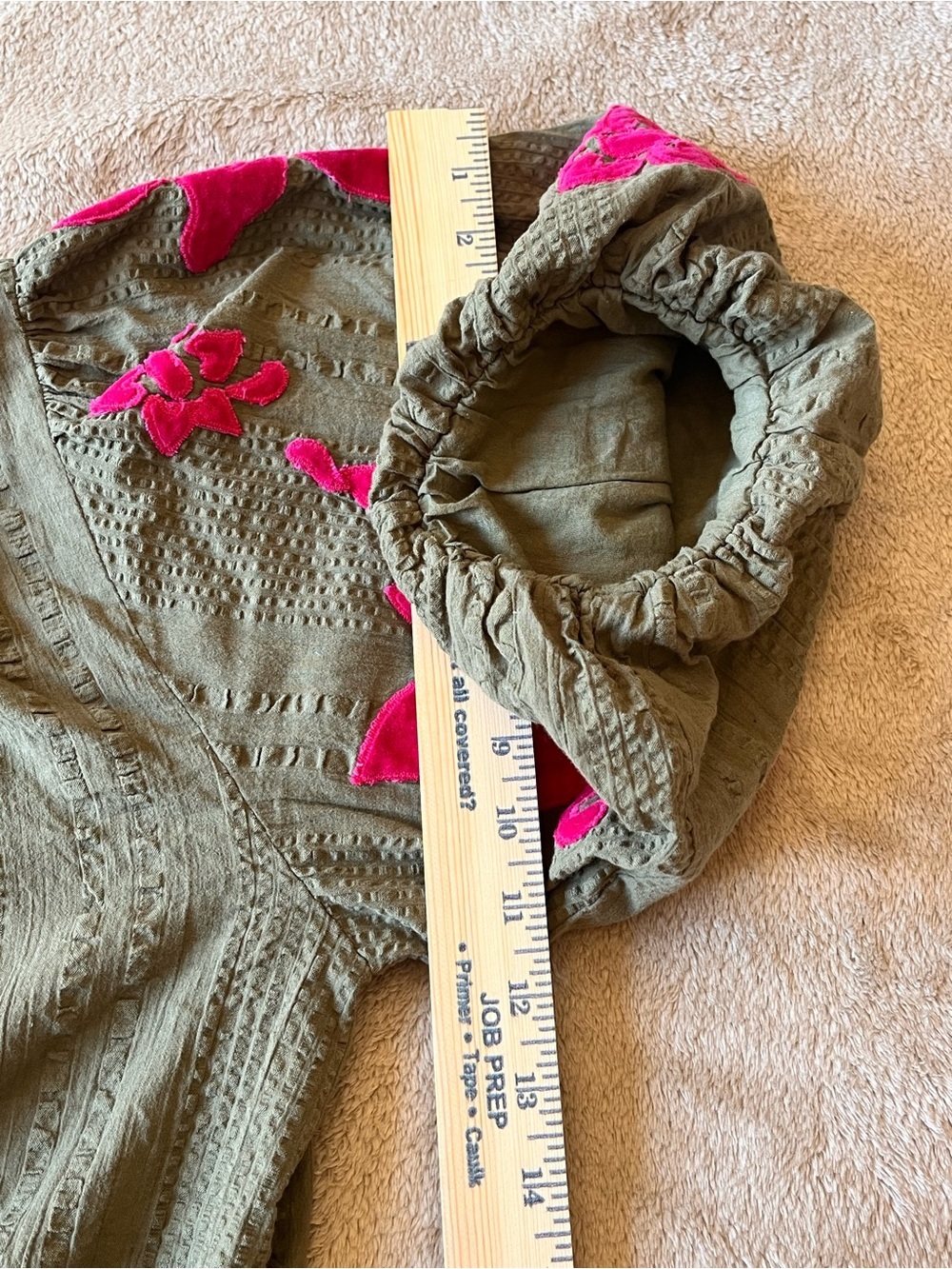 THML Olive Puff Sleeve Blouse with Pink Floral Appliqué W L Babydoll Cotton - Picture 9 of 9